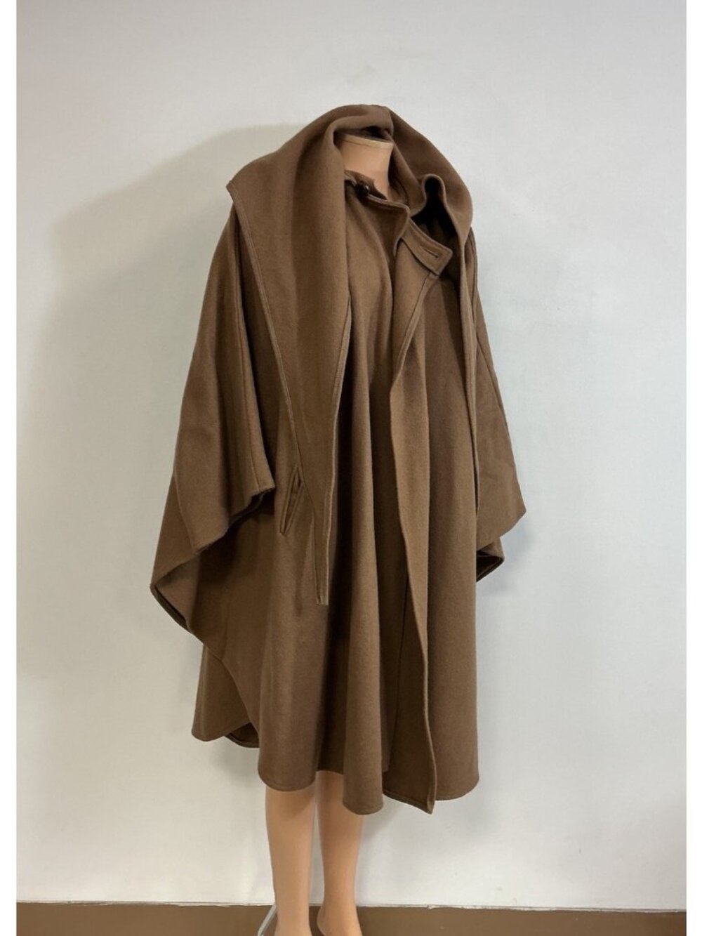 Vintage Camel Wool Cape Poncho Coat with Attached Scarf Hooded